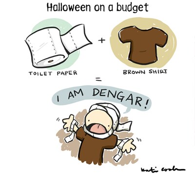 Halloween on a budget: a comic about the ease of making a Dengar costume with toilet paper and a brown shirt.