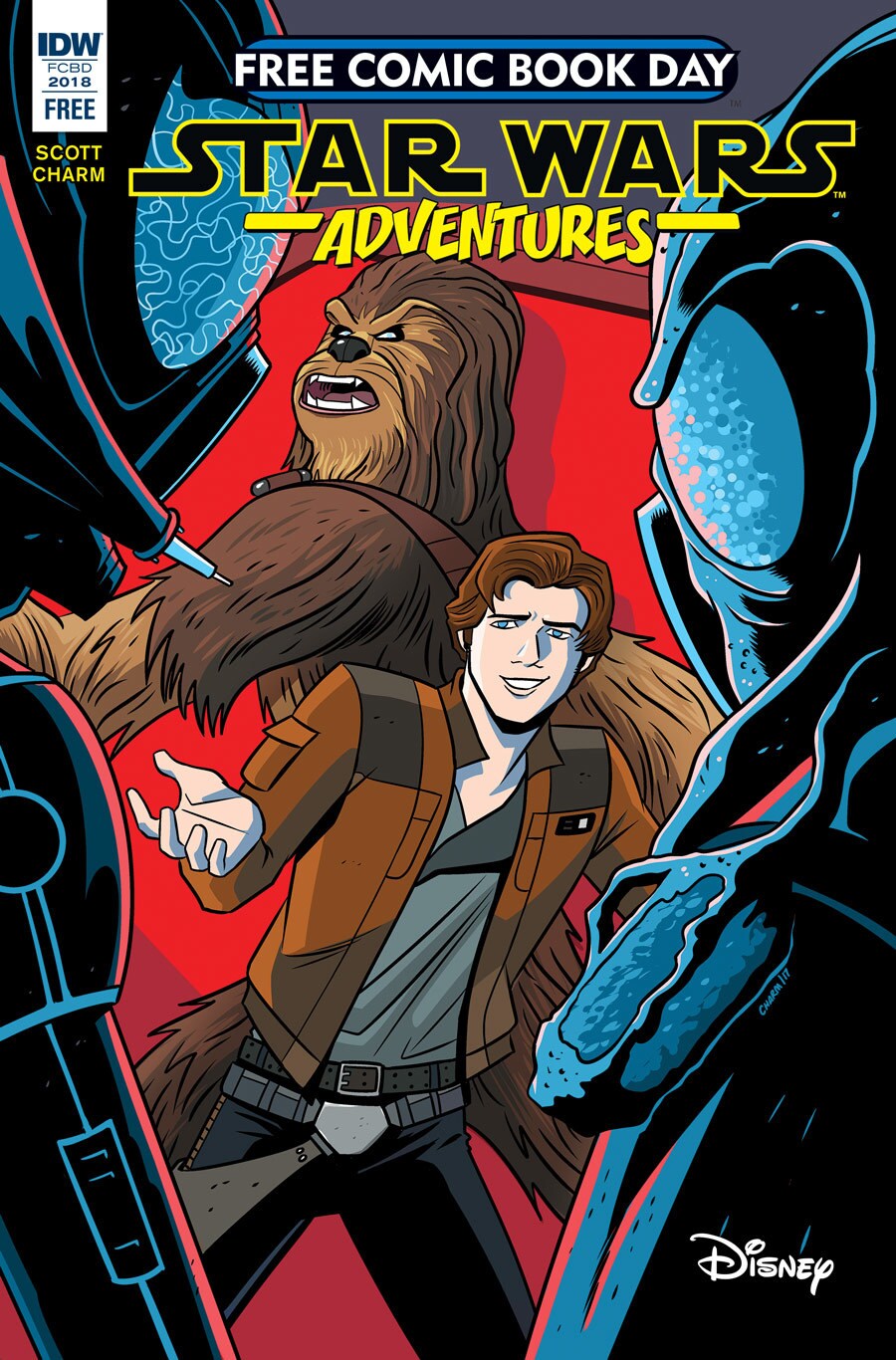 The Star Wars Adventures Free Comic Book Day 2018 cover, which features Han and Chewbacca cornered by two bounty hunters.