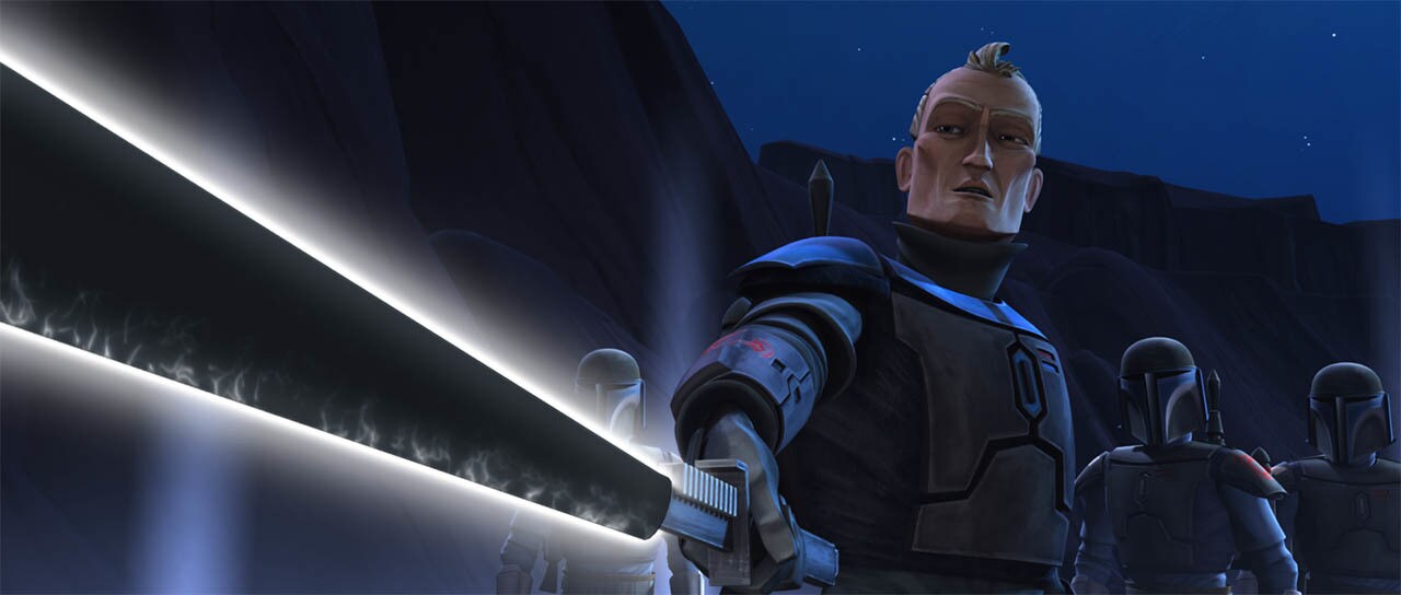 Pre Vizsla wields his lightsaber as fellow Mandalorians stand behind him in The Clone Wars.