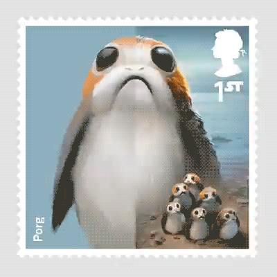An animated GIF shows the creation of a porg-themed Royal Mail postage stamp. The image depicts a large porg looking upward while a smaller, overlapping drawing of a group of tiny porgs standing on a shoreline appears in the lower right corner.