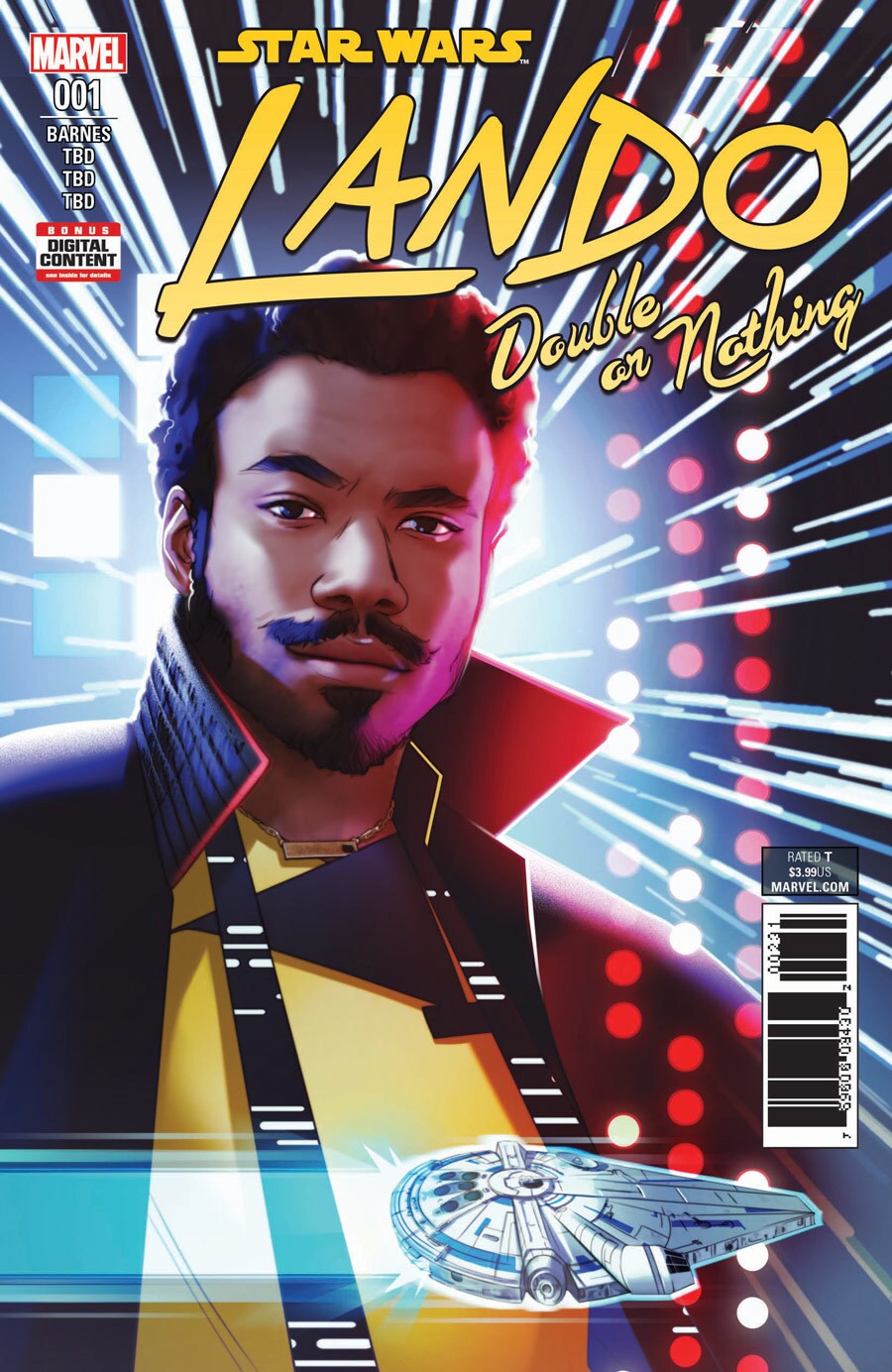 The cover of Star Wars: Lando: Double or Nothing issue #1. It features Lando and the Millennium Falcon.