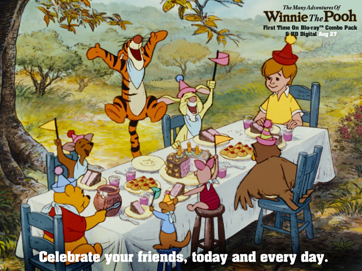 Pooh (voiced by Sterling Holloway), Roo (voiced by Clint Howard), Owl (voiced by Hal Smith), Tigger (voiced by Paul Winchell), Kanga (voiced by Barbara Leddy), Piglet (voiced by John Fiedler), Christopher Robin (voiced by Bruce Reitherman), and Rabbit (voiced by Junius Matthews) having a birthday party in the movie The Many Adventures Of Winnie The Pooh