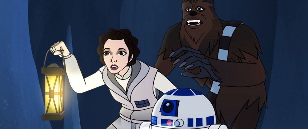 Princess Leia carries a lantern while leading R2-D2 and Chewbacca through Echo Base in Forces of Destiny.