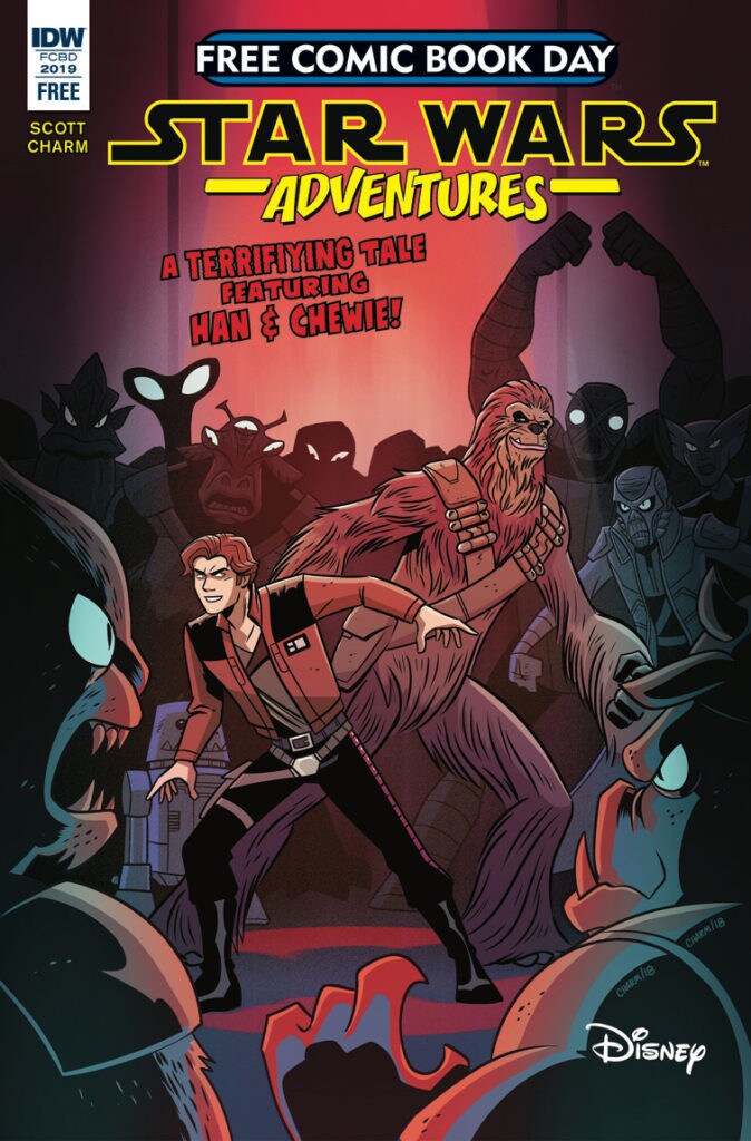 Han and Chewbacca are surrounded by an angry crowd on a Free Comic Book Day issue of Star Wars Adventures.