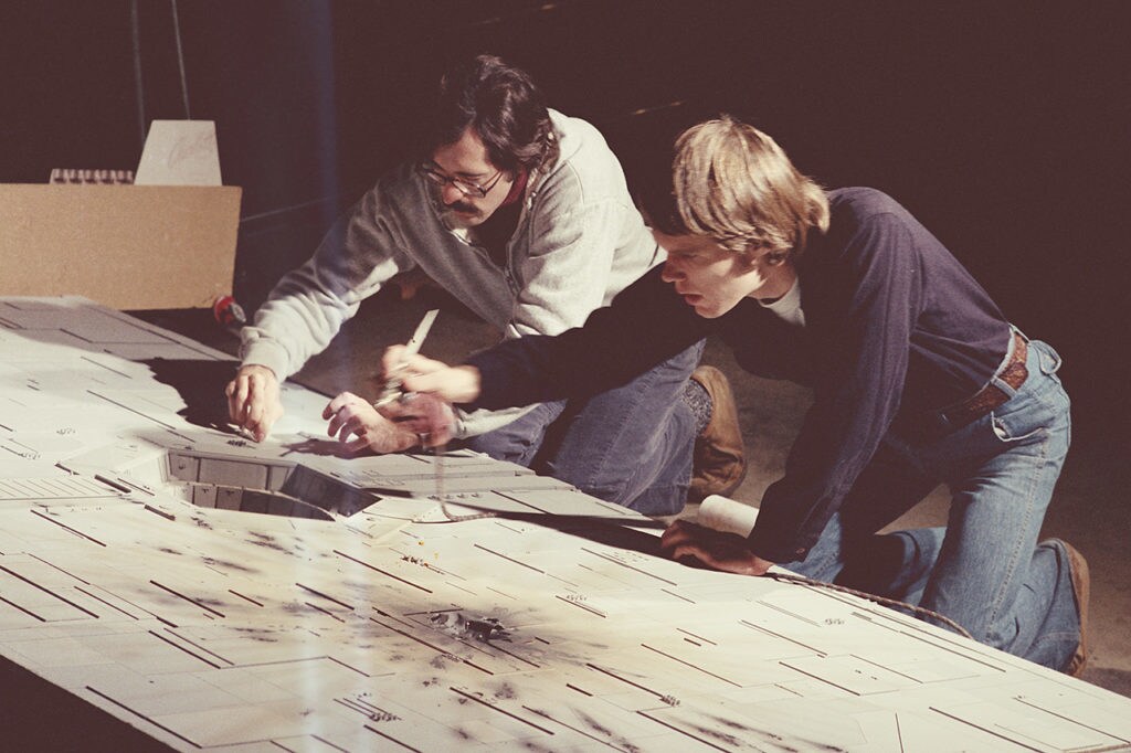 Model maker Paul Huston works on a battlecruiser model for Star Wars: A New hope.