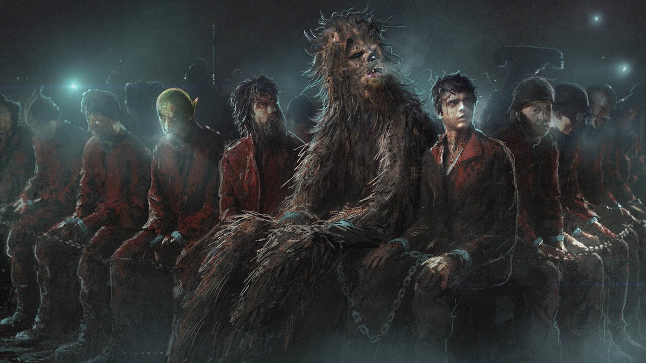 Concept drawing of Chewbacca chained in a group of prisoners.