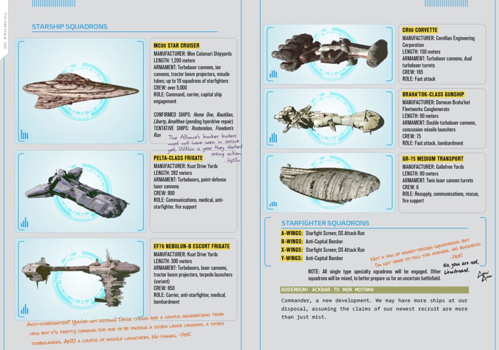 Two pages from the Star Wars: Rebel Files book, detailing the Starship squadrons with handwritten notes from Holdo, Poe, and Admiral Ackbar.