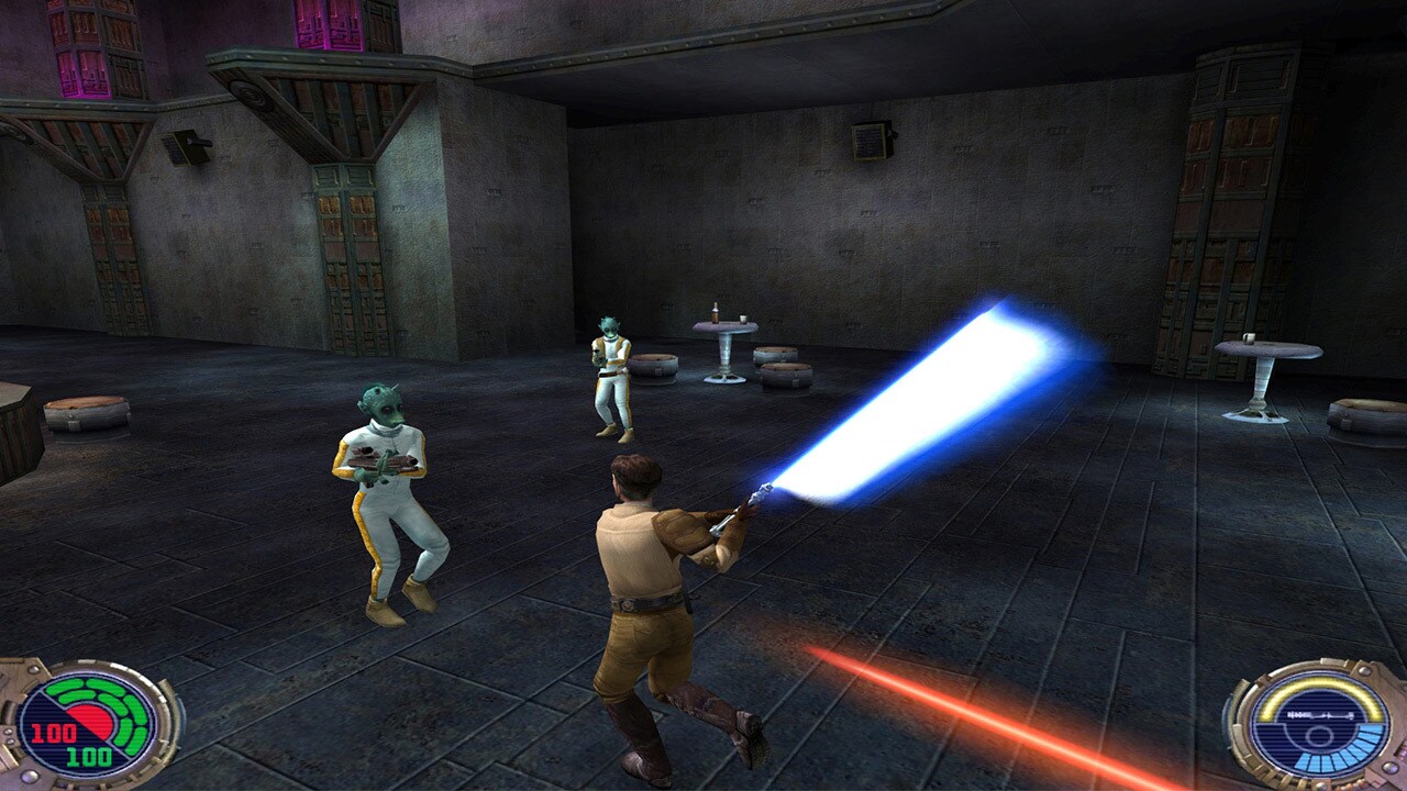 Kyle Katarn wields a lightsaber in Jedi Outcast.