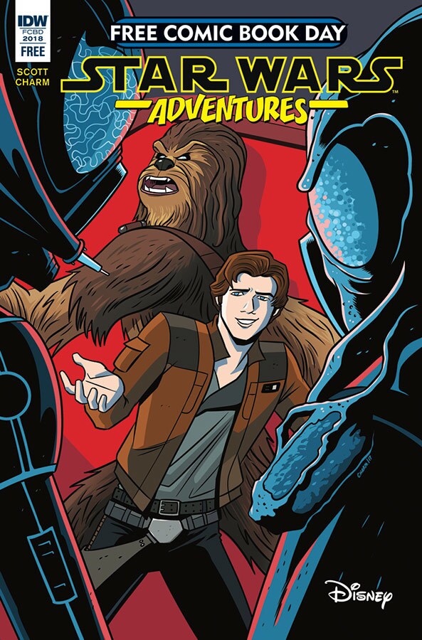 The comic book cover for Star Wars Adventures features Han Solo and Chewbacca.