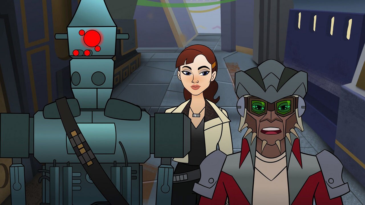 Qi'ra, Hondo Ohnaka, and IG-88 walk together in Forces of Destiny.