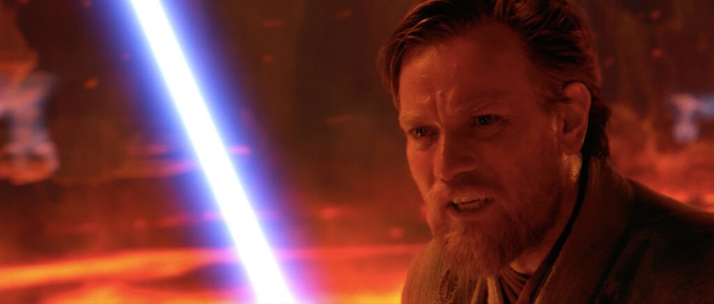 Obi-Wan Kenobi wields a lightsaber on the planet Mustafar in Revenge of the Sith.
