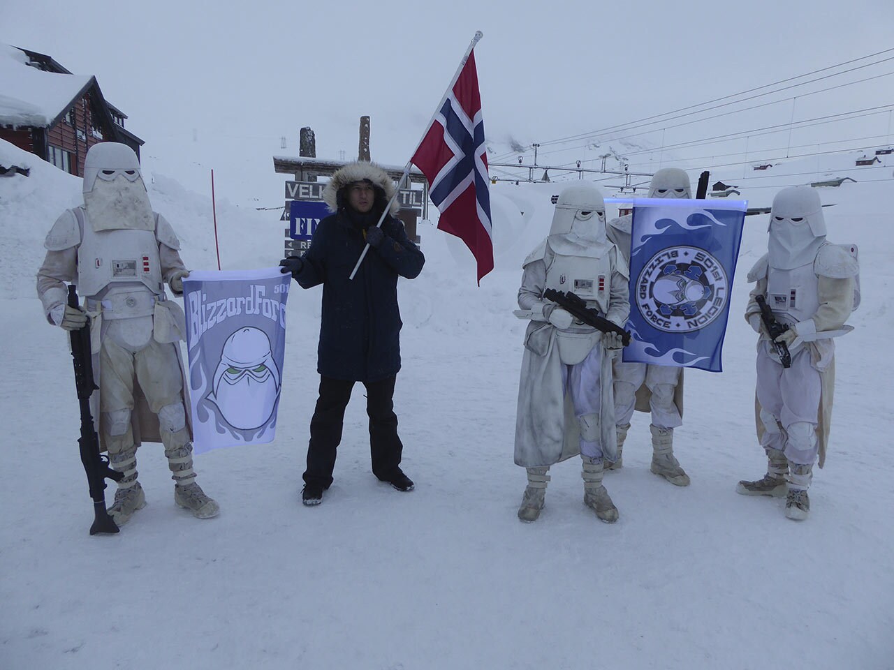 Jame Floyd posing with snowtroopers in Norway