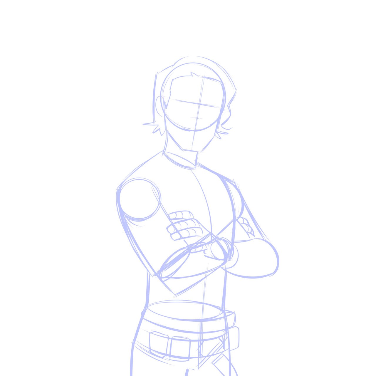 A sketch of Han's head and torso with crossed arms. He wears a belt with a holster.