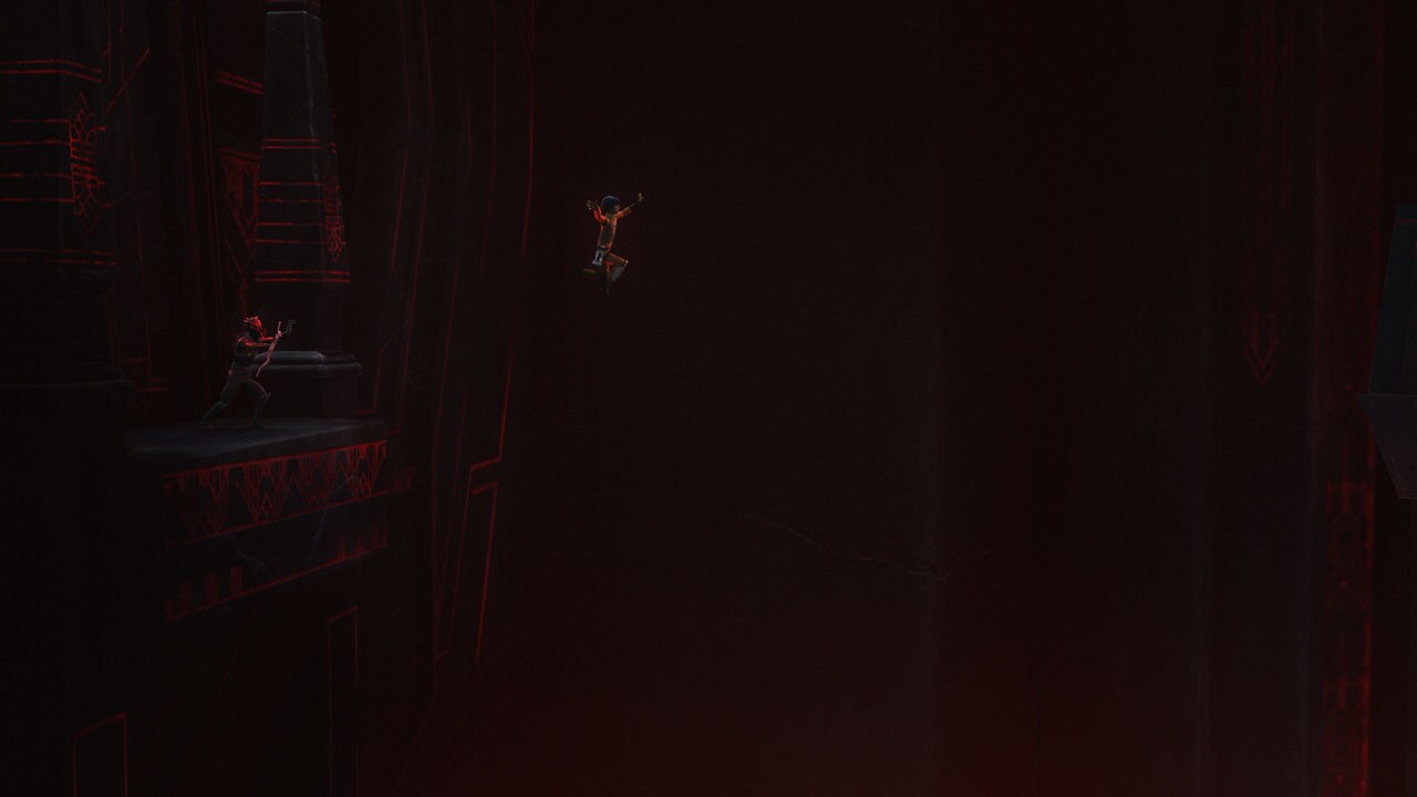 Ezra jumps out over an abyss in the Sith Temple while Maul looks on from a ledge in Star Wars Rebels.