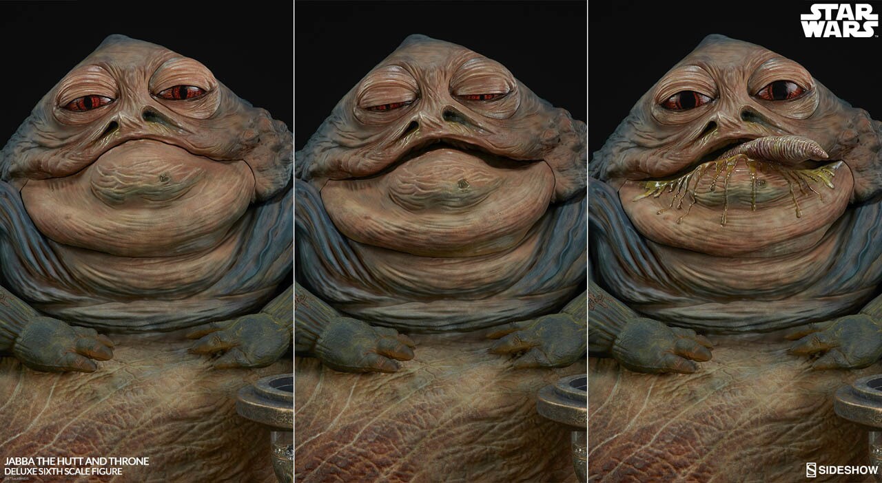 Three panels show a Jabba the Hutt figure with various facial expressions.