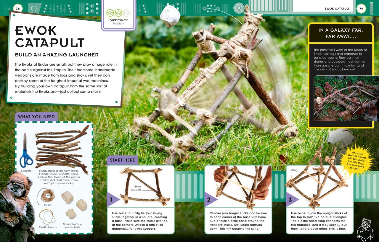 Instructions and example images for building an Ewok catapult.