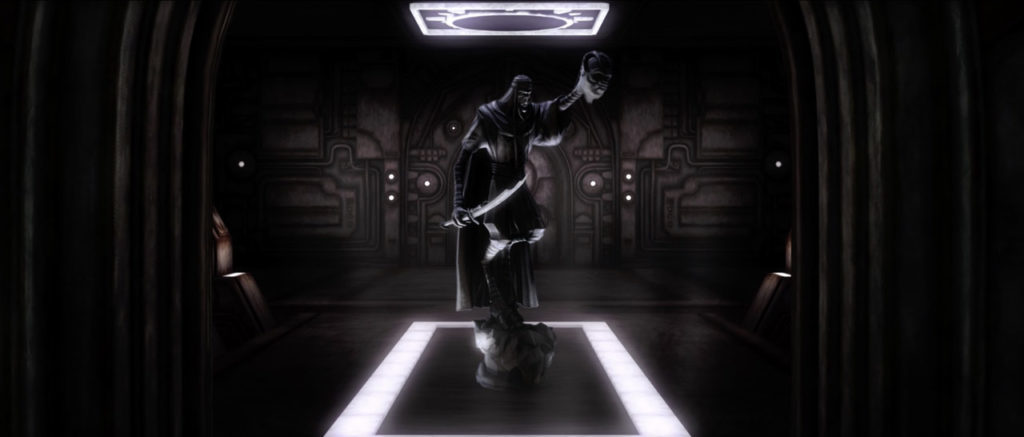 A looming statue of a Kaleesh warrior holding a sword and a head in General Grievous' Lair.