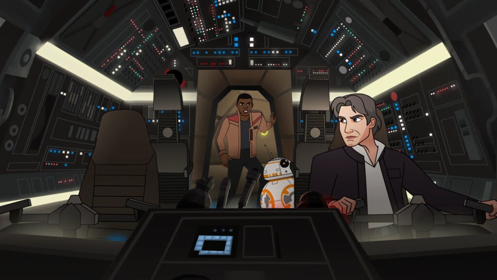 Han Solo pilots the Millennium Falcon while Finn and BB-8 stand in the entrance of the cockpit in Forces of Destiny.