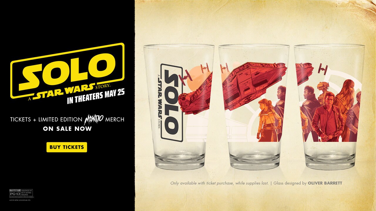 Promotional materials for Solo: A Star Wars Story, including a set of three Mondo glasses which feature Han, Chewbacca, Lando, and the Millennium Falcon.