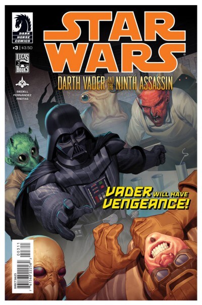 The cover of issue 3 of the comic book Star Wars Darth Vader and the Ninth Assassin features Vader force choking someone at a cantina.
