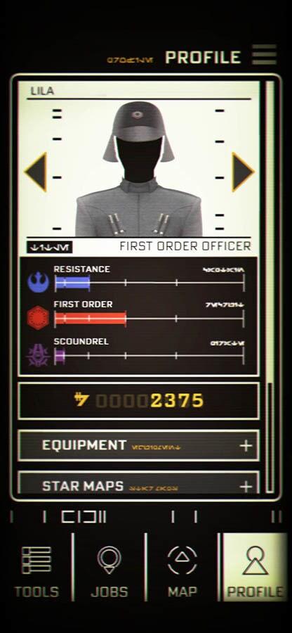 A screenshot from the Disney Play app shown inside Star Wars: Galaxy's Edge.