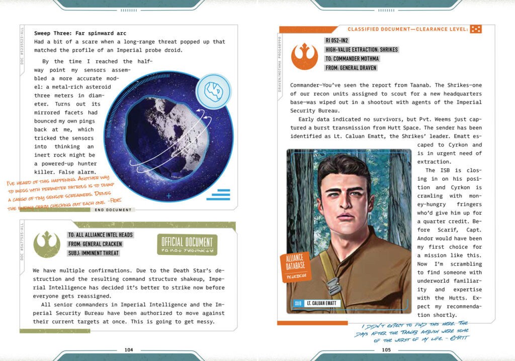 Two pages from the Star Wars: Rebel Files book. They show official Rebel documents about an asteroid mistaken for a hunter killer, the threat from the destruction of the Death Star, and Shrikes intel from Lieutenant Caluan Ematt.