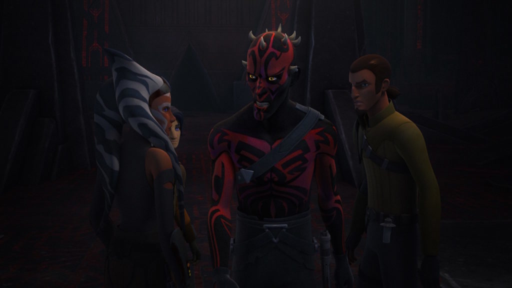 Maul stands between Ezra, Kanan, and Aksoka in Star Wars Rebels.