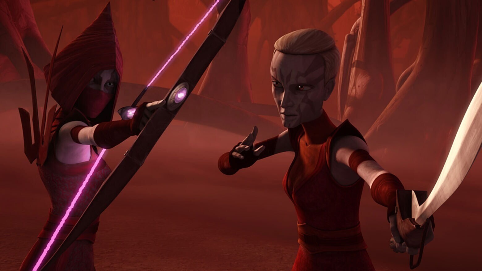 Asajj Ventress and a Nightsister from The Clone Wars episode, "Nightsisters"