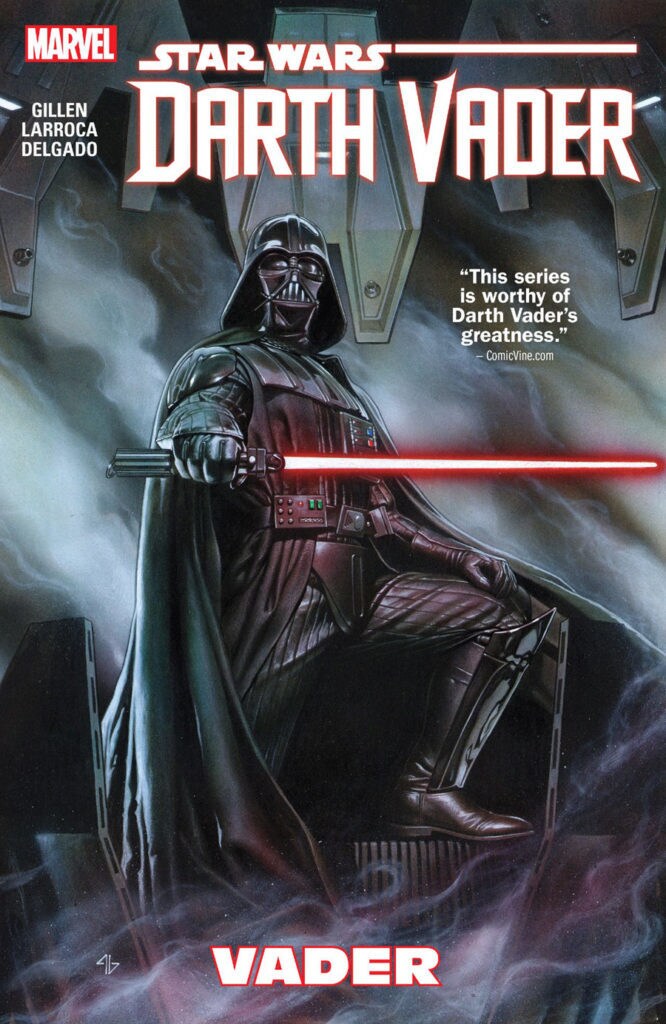 Darth Vader brandishes his lightsaber on the cover of a comic collection.