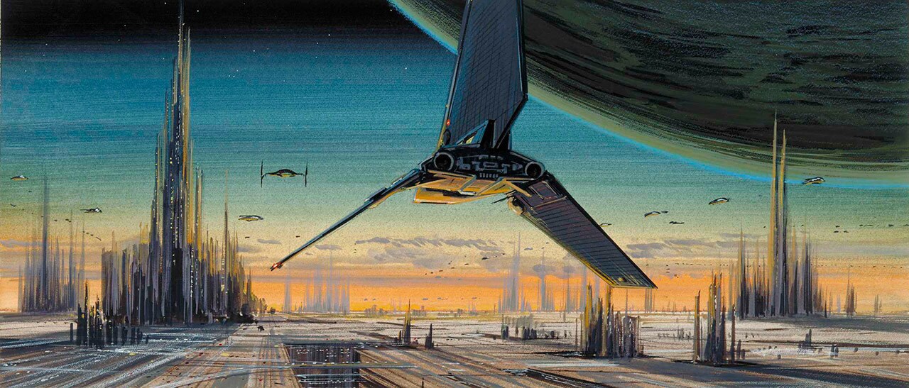 Early Star Wars concept art of a ship flying on an alien planet.