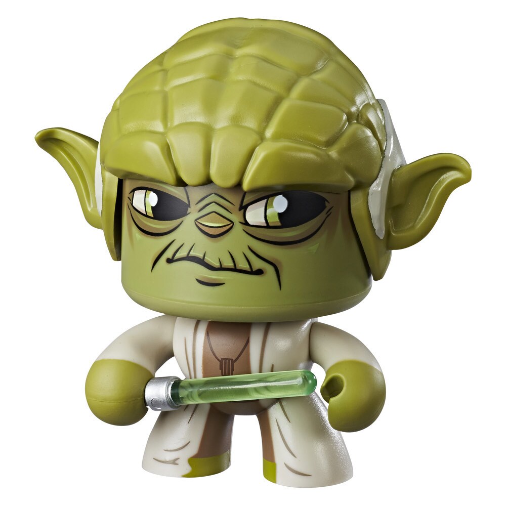 A Mighty Muggs Yoda figure smirks while holding a lightsaber.