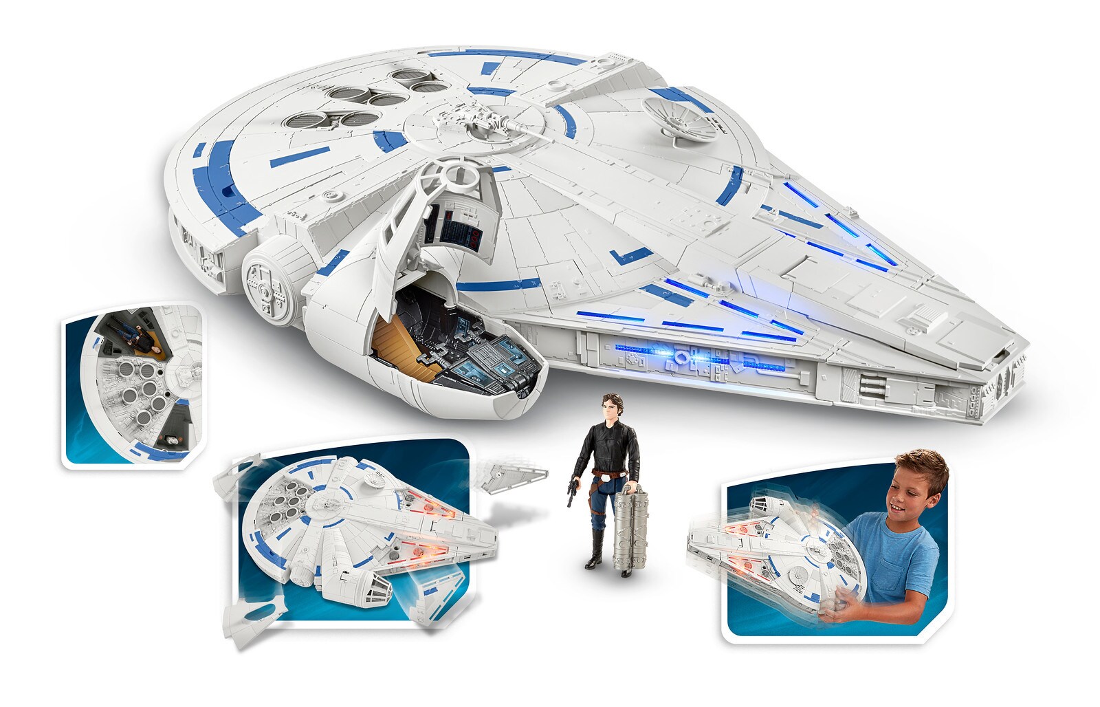 A Millennium Falcon toy with hidden compartments and a Han Solo figurine.