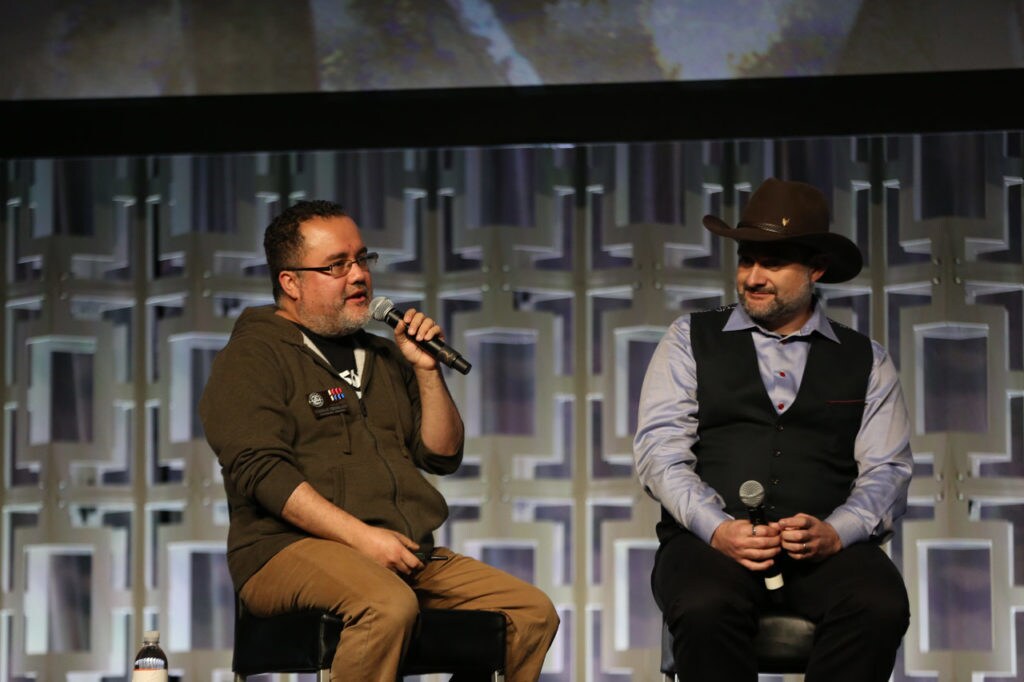 Creative executive Pablo Hidalgo and Clone Wars showrunner Dave Filoni, on the Animated Origins and Unexpected Fates panel at Star Wars Celebration Orlando.