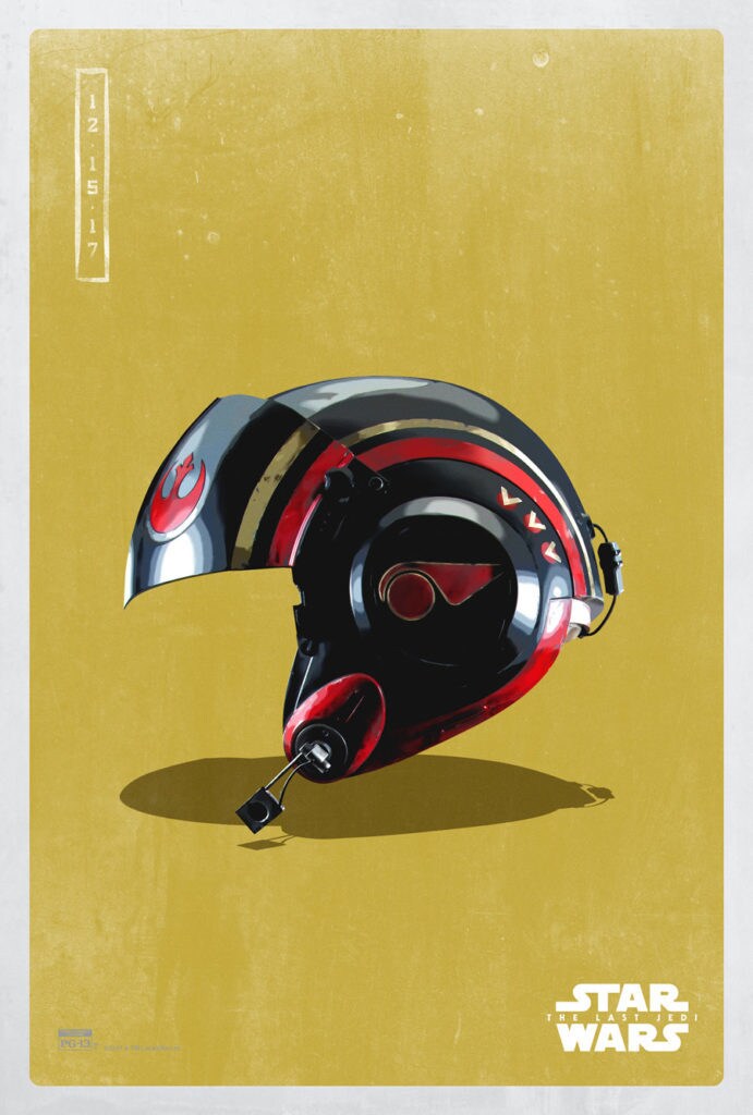 A poster of a Resistance pilot helmet with a yellow background.