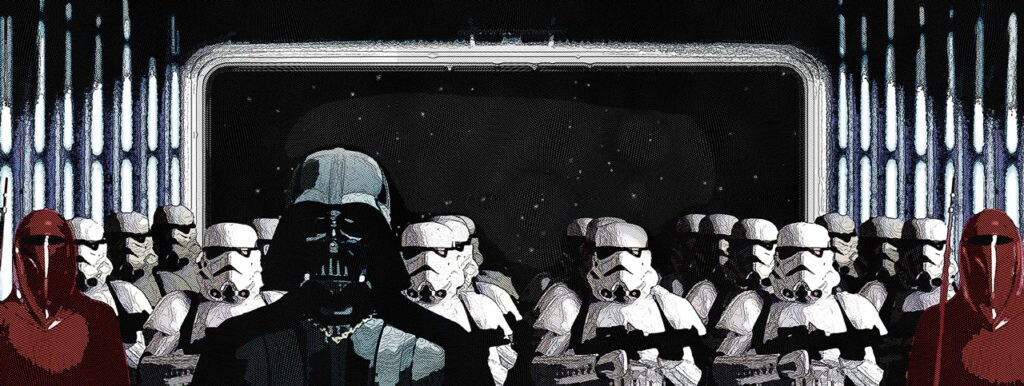 Artwork from the book Star Wars: On the Front Lines, by Daniel Wallace, features Darth Vader, the Emperor's Royal Guards, and a battalion of First Order stormtroopers standing together.