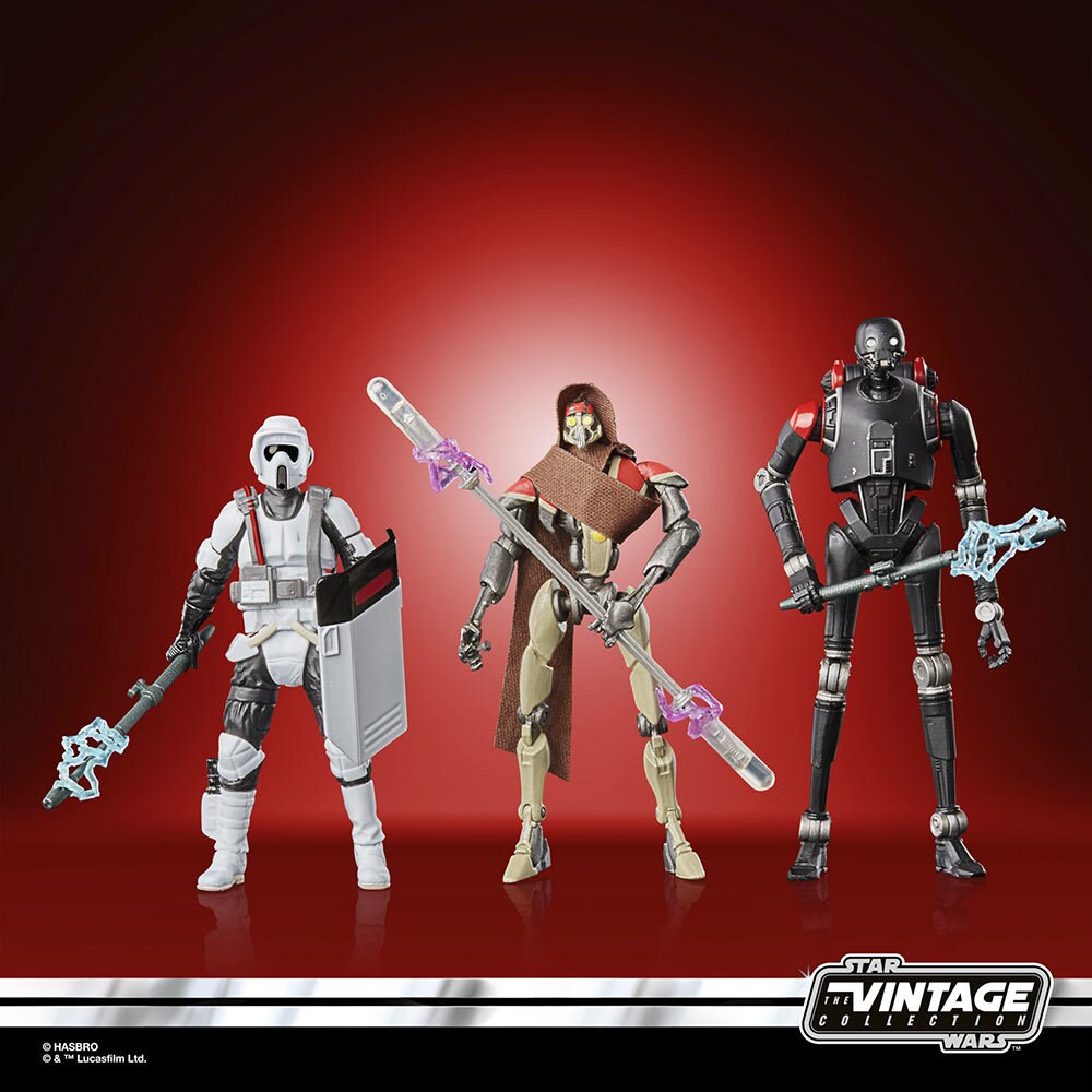 Hasbro's Riot Scout Trooper, a MagnaGuard, and a KX Security Droid vintage collection out of package