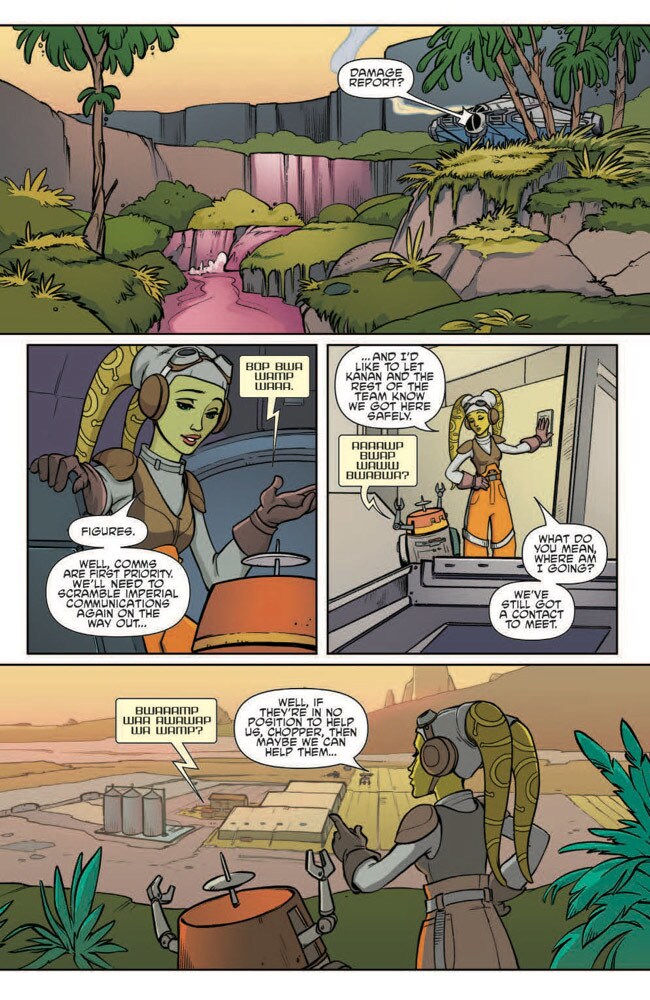 A page from the Star Wars Forces of Destiny: Hera comic shows Hera talking to Chopper about the damage to her ship Ghost.