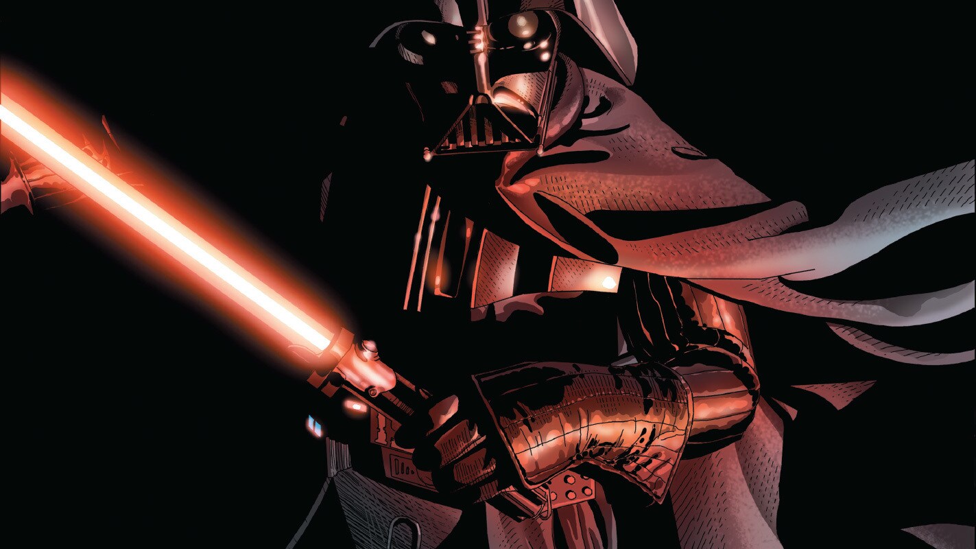 Darth Vader brandishes his lightsaber.