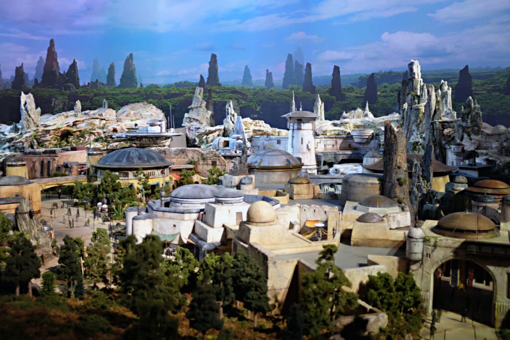 A land model of Galaxy's Edge, the Star Wars themed attraction at Disneyland.