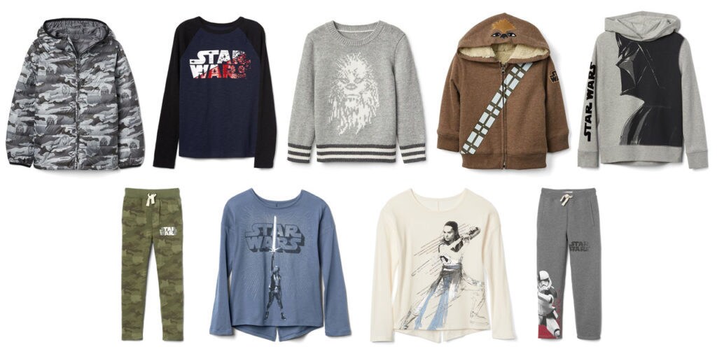 A collection of sweatshirts, sweatpants, and t-shirts inspired by Star Wars: The Last Jedi.
