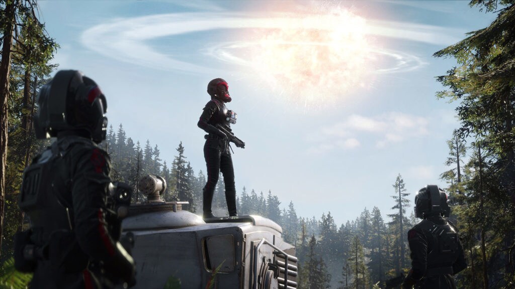 Iden Versio and the Inferno Squad watch from Endor as the Death Star explodes in Star Wars Battlefront II.