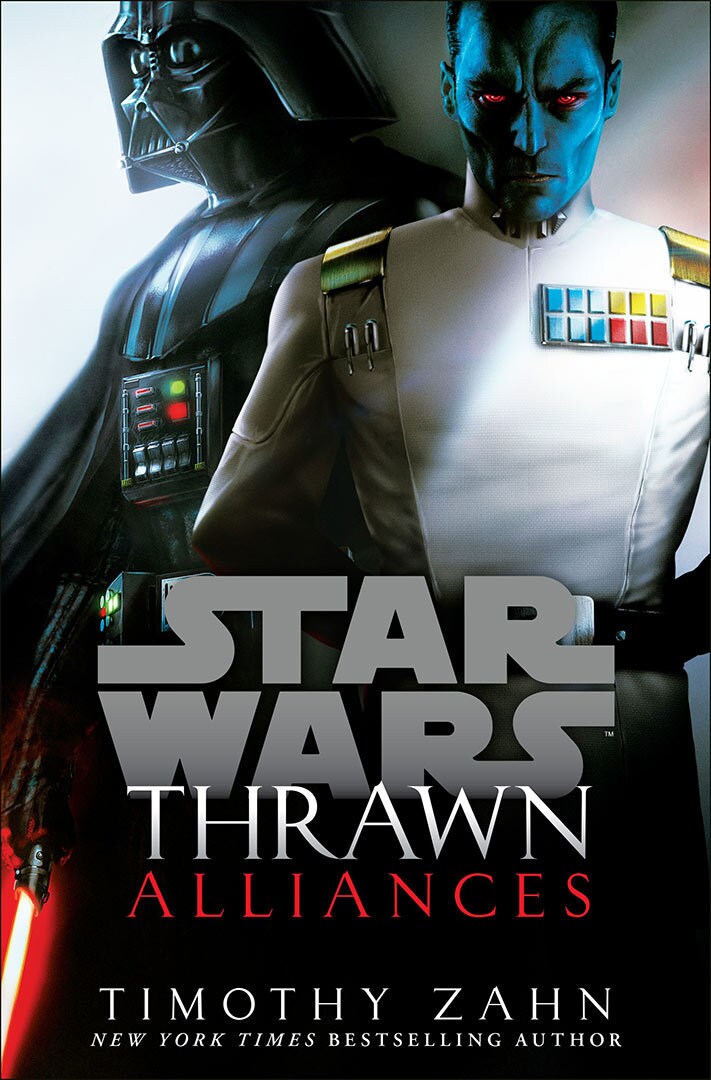 The cover of the book Thrawn: Alliances, by Timothy Zahn, shows Darth Vader holding his lightsaber and standing behind Thrawn.