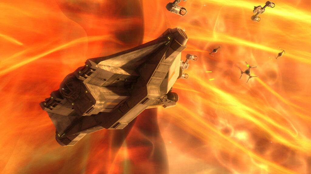 Ghost battles TIE Defenders outside a nebula in the Star Wars Rebels.