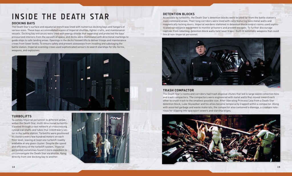 Pages from IncrediBuilds: Star Wars: Rogue One: AT-ACT Deluxe Book show still frames of scenes on the Death Star along with descriptions of the scenes and details of the Death Star's inner workings.