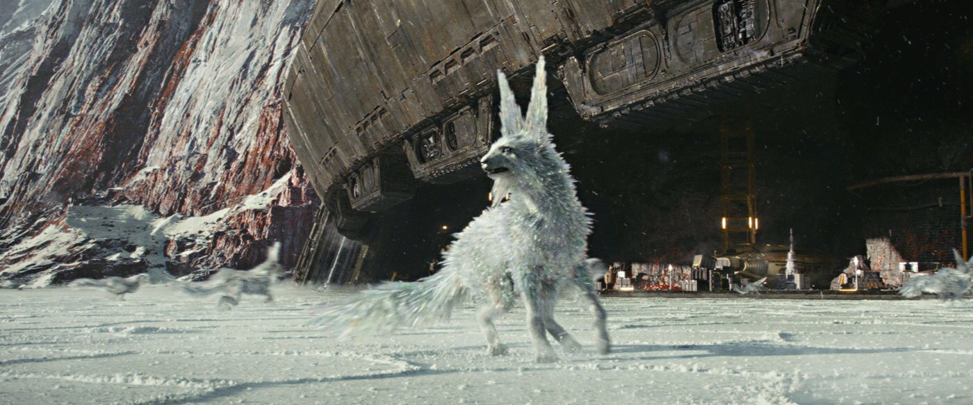 A crystal fox stands in front of an old Rebel base on Crait.