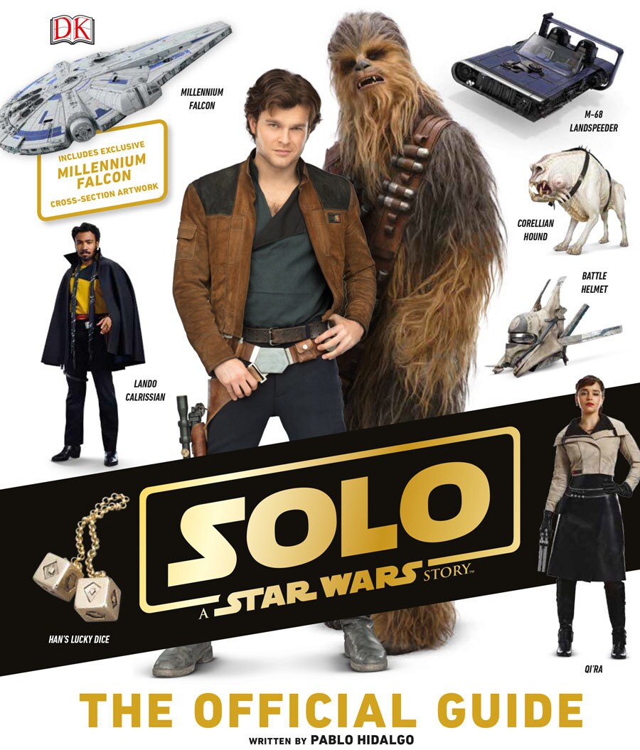 Solo: A Star Wars Story The Official Guide book cover. It features Han and Chewbacca surrounded by a variety of labeled props and characters from the film.
