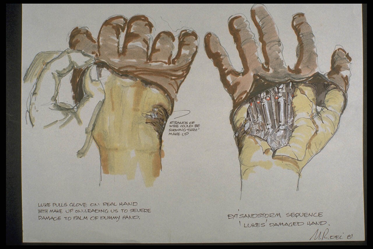 Concept art of Luke Skywalker's bionic hand.