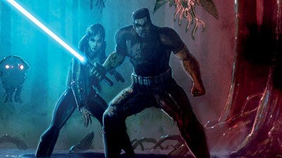 Ania Solo and Imperial Knight Jao take defensive stances as they trek through a forest in Star Wars Legacy.