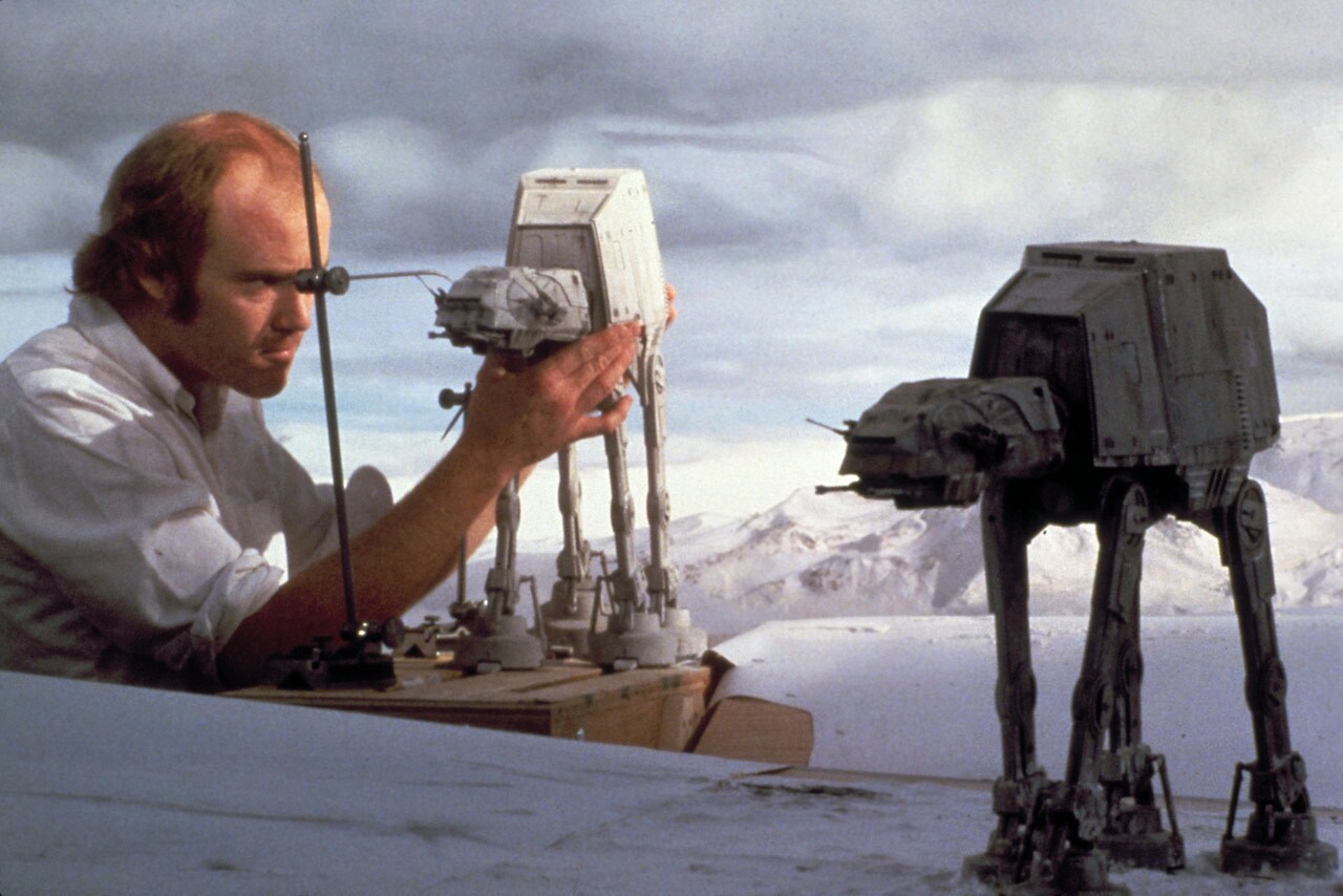 Tippett Studio founder Phil Tippett, left, animates an AT-AT while working on Star Wars: The Empire Strikes Back.