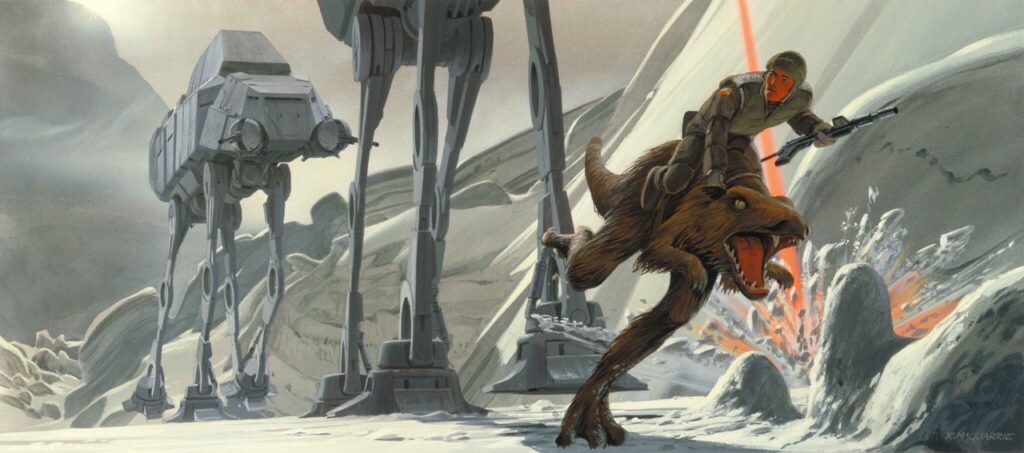 A page from IncrediBuilds: Star Wars: Rogue One: AT-ACT Deluxe Book shows concept art by studio artist Ralph McQuarrie. The image depicts a rebel fighter, riding an early version of a tauntaun, fleeing two AT-ATs during the Battle of Hoth.